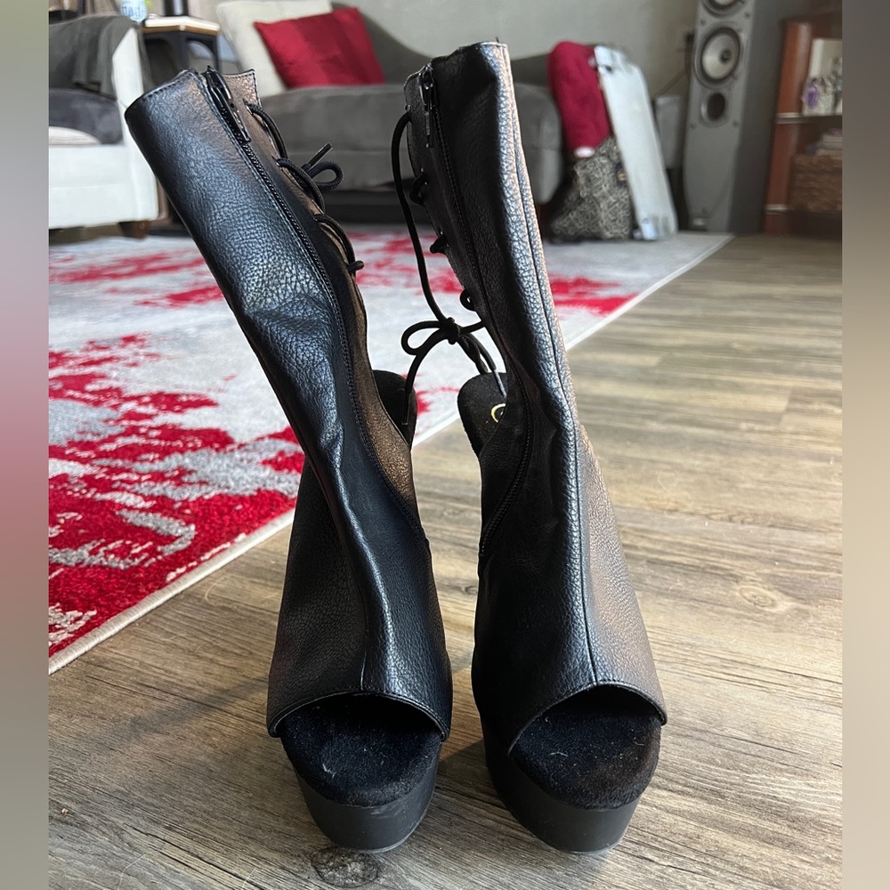 Pleaser Vegan Leather Black Platform Stiletto Booties- 9.5 (never worn) - Picture 2 of 8